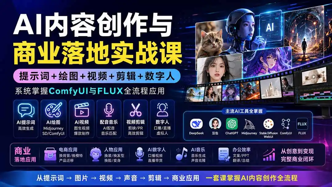 AI内容创作与商业落地实战课:提示词+绘图+视频+剪辑+数字人,系统掌握ComfyUI与FLUX全流程应用