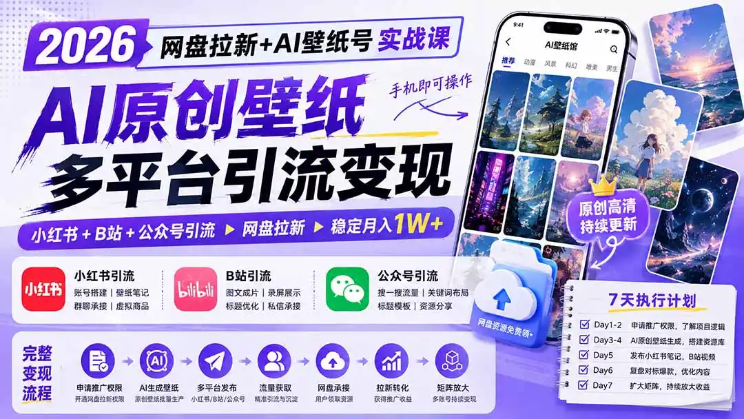 2026网盘拉新+AI壁纸号实战课:AI原创壁纸+小红书+B站+公众号引流,手机即可操作,月入1W+