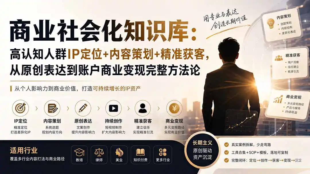 商业社会化知识库:高认知人群IP定位+内容策划+精准获客,从原创表达到账户商业变现完整方法论