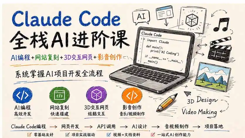 Claude Code全栈AI进阶课;AI编程+网站复刻+3D交互网页+影音创作,系统掌握AI项目开发全流程