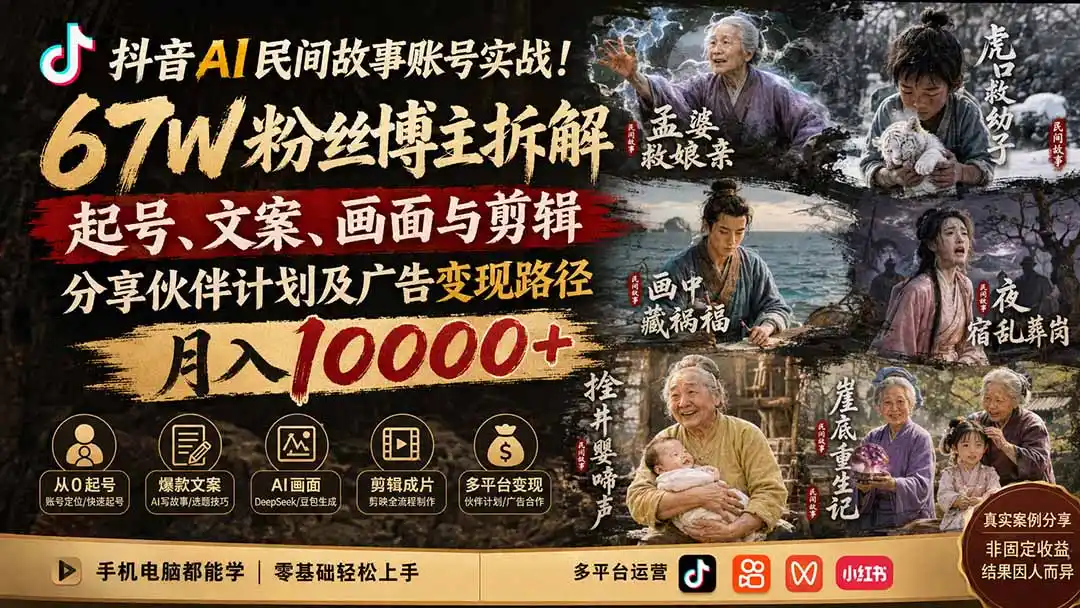 抖音AI民间故事账号实战！67W粉丝博主拆解起号、文案、画面与剪辑，分享伙伴计划及广告变现路径，月入10000+