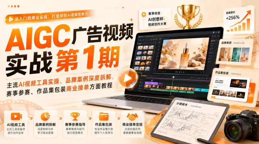AIGC广告视频实战第1期，主流AI视频工具实操、品牌案例深度拆解、赛事参赛、作品集包装商业接单方面教程
