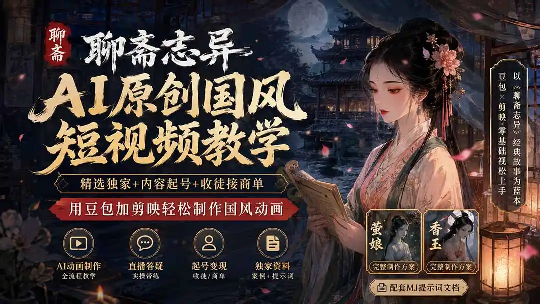 聊斋志异AI原创国风短视频教学-更新；精选独家+内容起号+收徒接商单，用豆包加剪映轻松制作国风动画