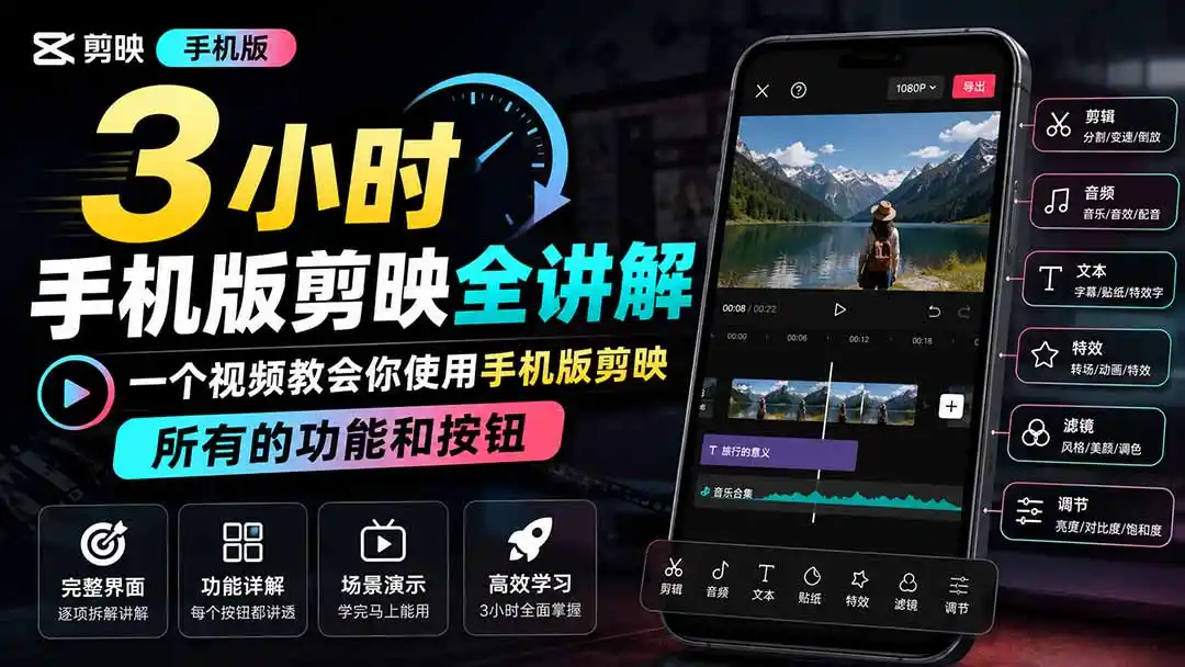 3小时手机版剪映全讲解，一个视频教会你使用手机版剪映，所有的功能和按钮