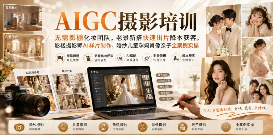AIGC摄影培训｜无需影棚化妆团队，老景新搭快速出片降本获客，影楼摄影师AI样片制作，婚纱儿童孕妈肖像亲子全案例实操