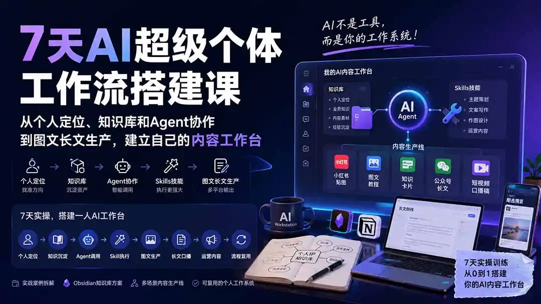7天AI超级个体工作流搭建课：从个人定位、知识库和Agent协作到图文长文生产，建立自己的内容工作台