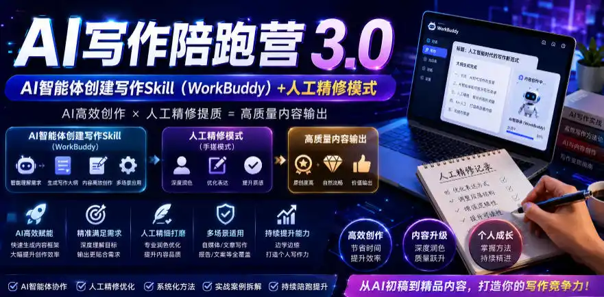 AI写作陪跑营3.0，Ai智能体创建写作skill(workbuddy)+人工手写模式(手搓模式)，去除AI痕迹(头条号、公众号、百家号)(更新0907)