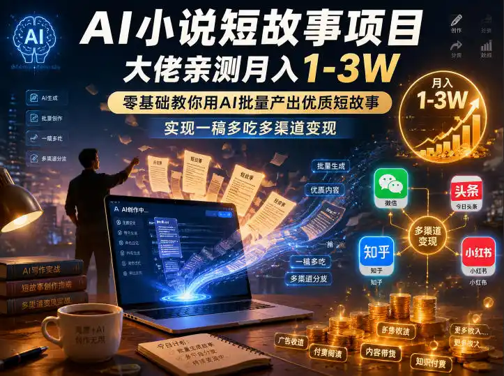 AI小说短故事项目，大佬亲测月入1-3W，零基础教你用AI批量产出优质短故事，实现一稿多吃多渠道变现(更新0910)