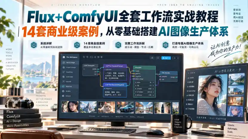 Flux+ComfyUI全套工作流实战教程｜14套商业级案例，从零基础搭建AI图像生产体系