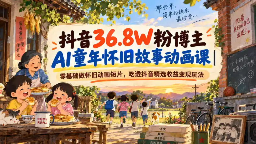 抖音36.8W粉博主AI童年怀旧故事动画课｜零基础做怀旧动画短片，吃透抖音精选收益变现玩法