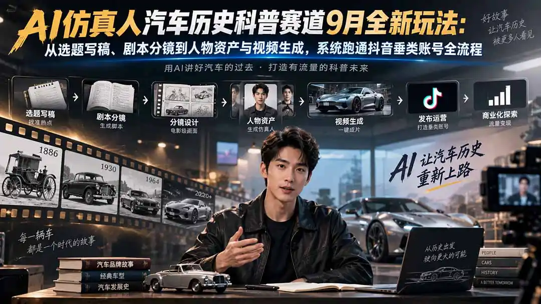 AI仿真人汽车历史科普赛道9月全新玩法:从选题写稿、剧本分镜到人物资产与视频生成,系统跑通抖音垂类账号全流程