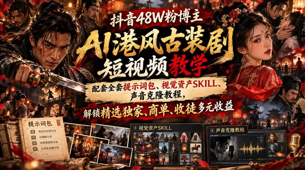抖音48W粉博主AI港风古装剧短视频教学，配套全套提示词包、视觉资产SKILL、声音克隆教程，解锁精选独家、商单、收徒多元收益