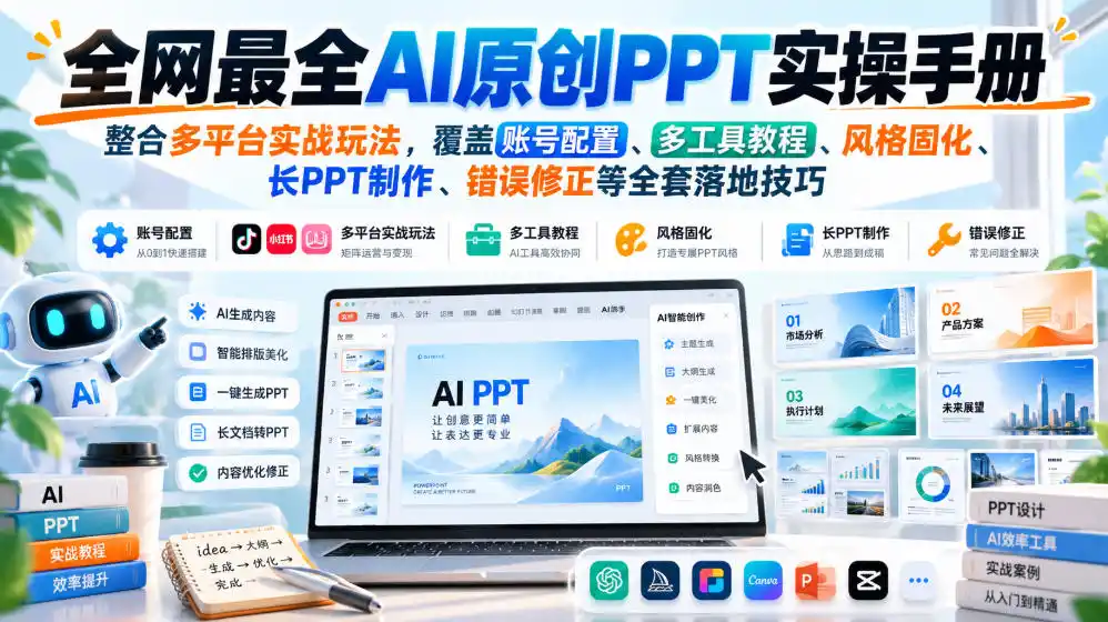 全网最全AI原创PPT实操手册，整合多平台实战玩法，覆盖账号配置、多工具教程、风格固化、长PPT制作、错误修正等全套落地技巧