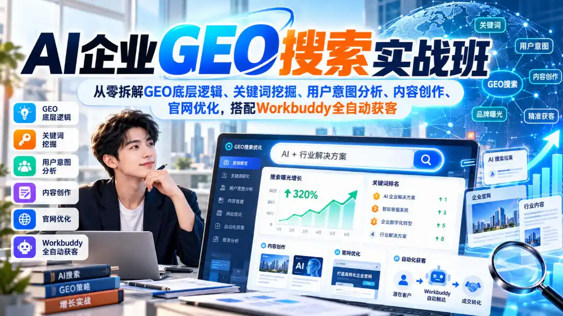 AI企业GEO搜索实战班，从零拆解GEO底层逻辑、关键词挖掘、用户意图分析、内容创作、官网优化，搭配Workbuddy全自动获客