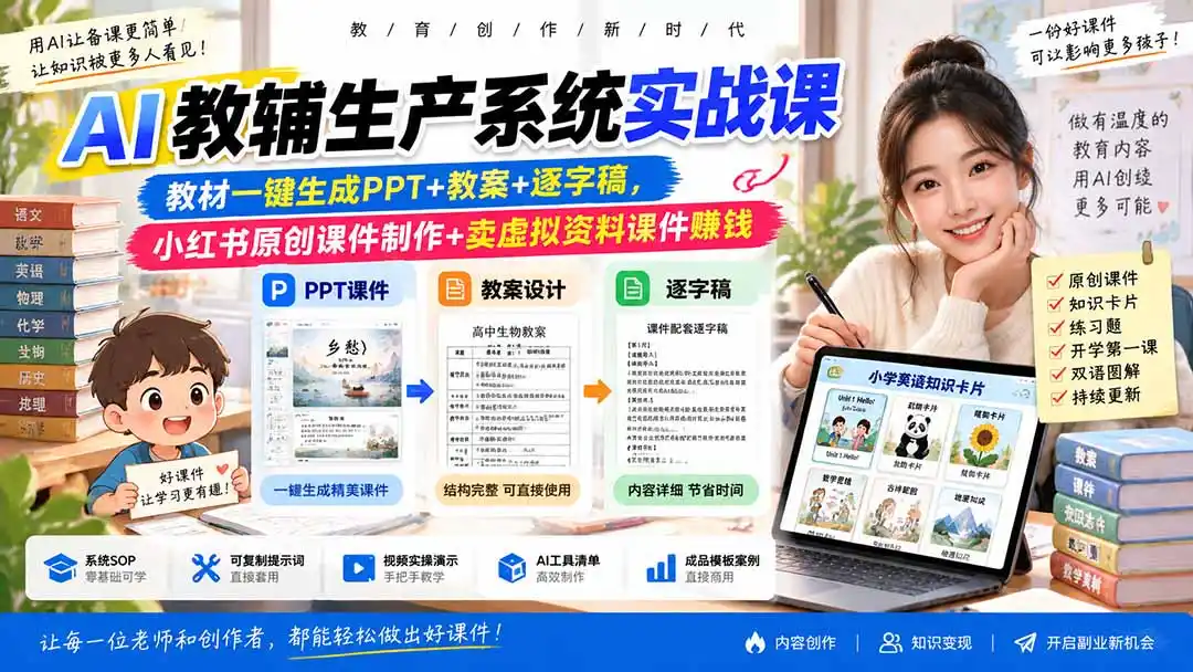 AI教辅生产系统实战课-更新0926|教材一键生成PPT+教案+逐字稿,小红书原创课件制作+卖虚拟资料课件赚钱