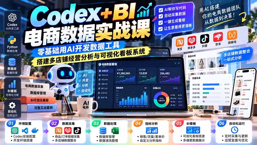 Codex+BI电商数据实战课：零基础用AI开发数据工具，搭建多店铺经营分析与可视化看板系统