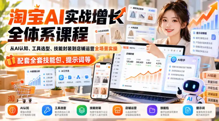淘宝AI实战增长全体系课程，从AI认知、工具选型、技能封装到店铺运营全场景实操，配套全套技能包、提示词等