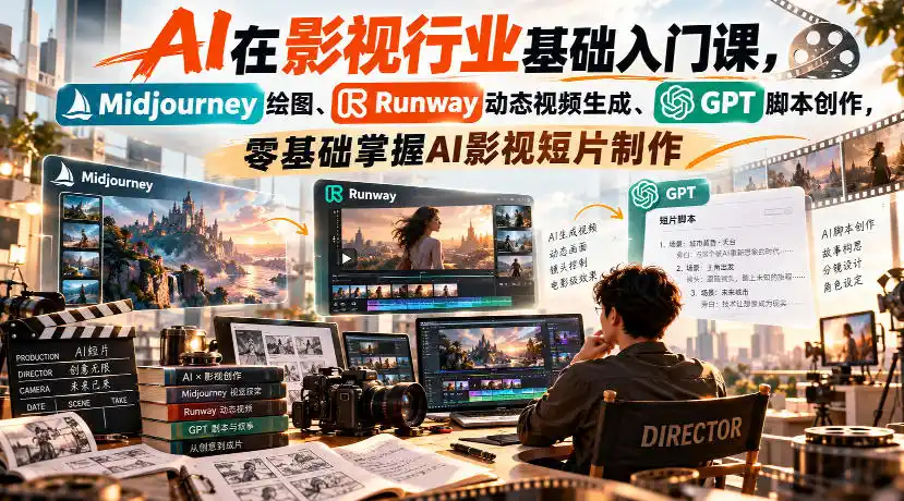 【无水印】AI在影视行业基础入门课，Midjourney绘图、Runway动态视频生成、GPT脚本创作，零基础掌握AI影视短片制作