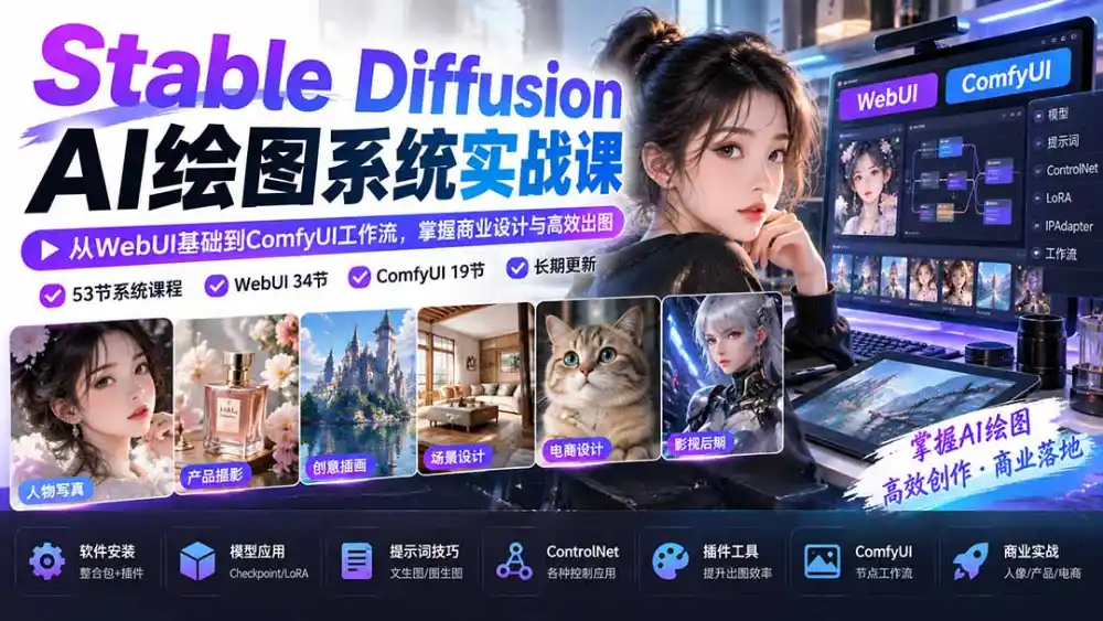 【无水印】Stable Diffusion AI绘图系统实战课：从WebUI基础到ComfyUI工作流，掌握商业设计与高效出图